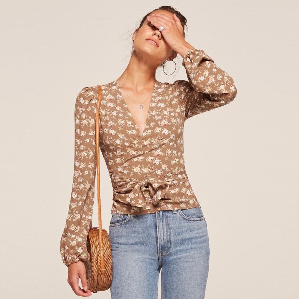 Reformation Blouse Toulouse Wrap Top Long Sleeve Suzette Floral Brown XS NWT New
